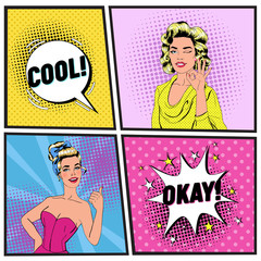 Wall Mural - Pop Art Beautiful Woman Winking and Showing Sign OK. Joyful Girl Showing Thumb Up. Vintage Poster with Comic Speech Bubble. Pin Up Advertising Placard Banner. Vector illustration