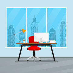 Wall Mural - Office desk or table with chair, computer, lamp and pencil stand. Business interior design. Workplace in flat style. Vector illustration. 