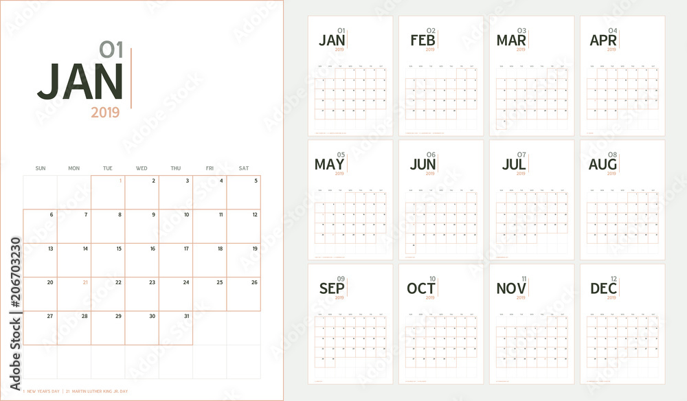 Vector of 2019 new year calendar in minimal table simple style and organic tone color,Holiday event planner,Week Starts Sunday,A5 size. - obrazy, fototapety, plakaty 