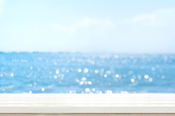 Aufkleber - Empty plank white wood table top with blur blue sky and sea boekh background,summer holiday backdrop.Mock up template for display or montage of product or content use as panoramic banner in ads.