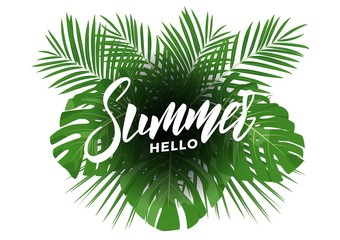 Summer. Modern design layout with lettering and tropic jungle leaves bouquet. Summer exotic background