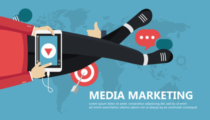 Wall Mural - Media marketing concept. Man sitting on the floor and holding tablet in his lap. Tablet with media player. Flat vector illustration