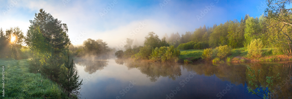 rural panorama with river, fog and forest at sunrise - obrazy, fototapety, plakaty 