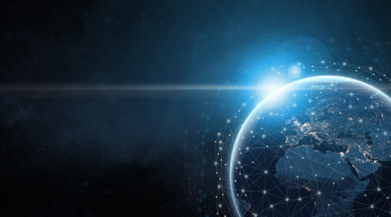 global communication network concept network dots surrounding planet earth with focus on america. in