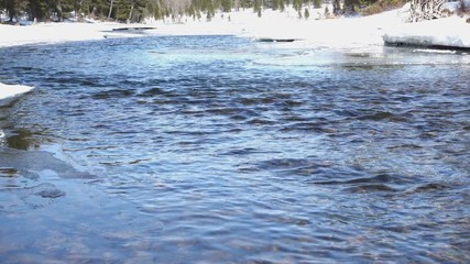 Wall Mural - Frozen stream with ice. Spring river and snow. Cold water flows in the river ice.