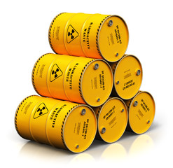 Wall Mural - Group of stacked yellow drums with radioactive waste isolated on white