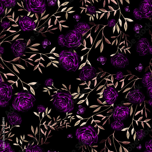 Seamless pattern with watercolor  roses flowers.