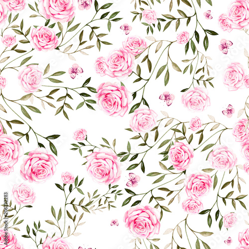 Seamless pattern with watercolor  roses flowers.