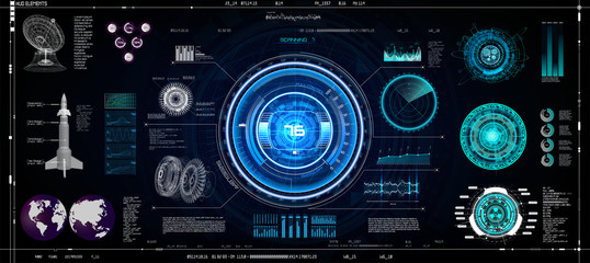 Wall Mural - Hud Ui Elements Set. Colorful Technology Elements Sci-Fi for App ( Cockpit, Interface, Dashboard, Infographics, Radar, Spaceship, Futuristic Circle, Statistic and Data ) Vector in Hud Ui Style
