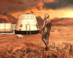 Wall Mural - astronaut on planet mars surface, approaching mars habitat. 3d rendering.