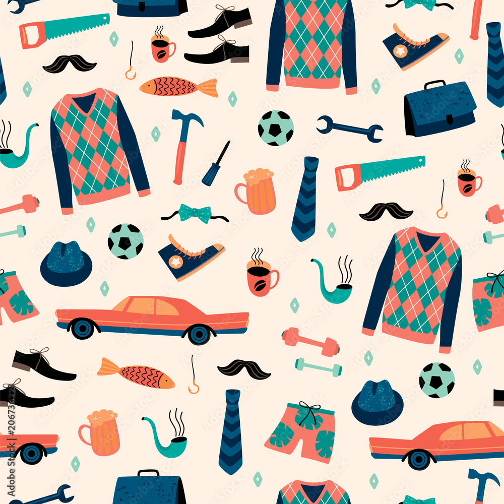 Vector seamless pattern with mans things. Happy Fathers Day concept ...