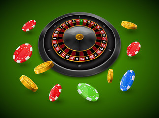 Wall Mural - Casino roulette with chips, red dice realistic gambling poster banner. Casino vegas fortune roulette wheel design flyer