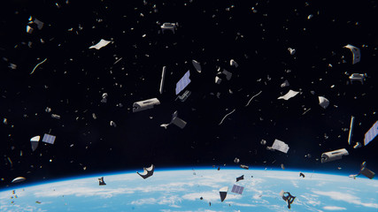 Wall Mural - space debris in earth orbit, dangerous junk orbiting around the blue planet