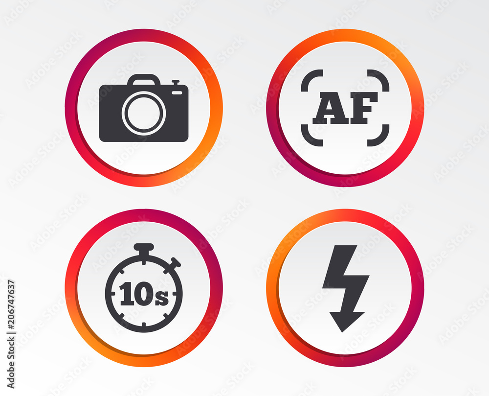 Photo camera icon. Flash light and autofocus AF symbols. Stopwatch ...