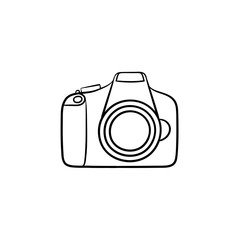 Poster - Camera hand drawn outline doodle icon. Digital photocamera with lens and flash vector sketch illustration for print, web, mobile and infographics isolated on white background.