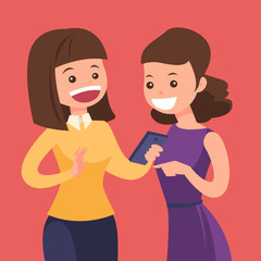 Sticker - Young caucasian white woman showing something to her friend on smartphone. Two female friends looking at cellphone and laughing. Vector cartoon illustration isolated on solid background. Square layout