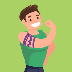 Poster - Young caucasian white bodybuilder sportsman with a tattoo showing biceps. Professional sportsman demonstrating muscular body. Vector cartoon illustration isolated on solid background. Square layout.