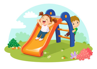 Wall Mural - Cute kids having fun on slide in playground