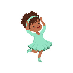 Poster - Cute african american little girl dancing in light blue dress vector Illustration on a white background