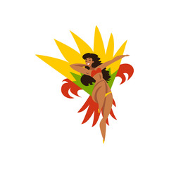 Poster - Happy girl dancing samba, beautiful Brazilian woman in bright carnival costume vector Illustration on a white background