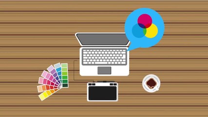 Wall Mural - office working process laptop graphic design tablet color palette coffee