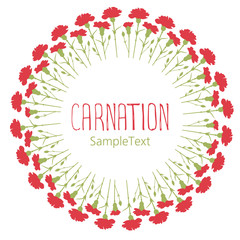  Carnations wreath circle. Text hand drawn. Isolated on white background