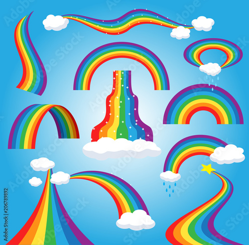 Rainbow vector colorful bowed arc in raining sky multicolored cartoon arch or...