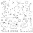 set of cute cartoon dinosaurs outline for coloring