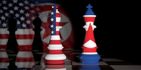 Wall Mural - USA and North Korea. US America and North Korea flags on chess kings on a chess board. 3d illustration