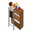 © Gstudio - man employee in stairs putting books on bookshelf isometric vector illustration
