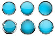 Blue buttons with chrome frame. Round glass shiny 3d icons