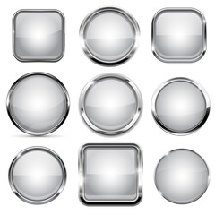 White buttons with chrome frame. Round and square glass shiny 3d icons