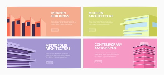 Wall Mural - Collection of horizontal web banners modern buildings, skyscrapers of contemporary metropolis architecture and place for text. Flat bright colored vector illustration for promotion or advertisement.