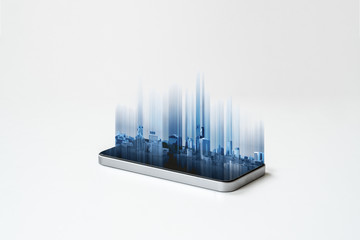 mobile smart phone and buildings hologram technology, on white background. mobile phone and communic