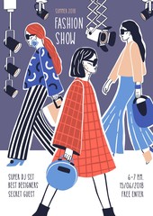 Creative flyer or poster template for fashion show with models wearing stylish haute couture clothes walking along runway or doing catwalk. Hand drawn vector illustration for event promotion.
