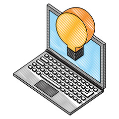 Sticker - laptop with creative bulb idea isometric vector illustration drawing