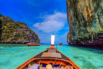 Long tail boat on the sea of Pileh region in Phi Phi Lee of Thailand island