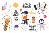 Fototapeta Fototapety na ścianę do pokoju dziecięcego - Big set of cute funny animal astronauts in space, with planets, stars, quotes. Isolated objects on white background. Vector illustration. Scandinavian style flat design. Concept for children print.