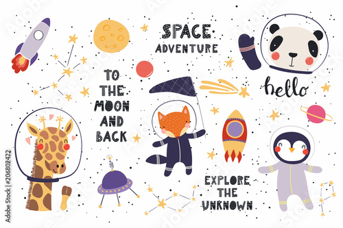 Big set of cute funny animal astronauts in space, with planets, stars, quotes...