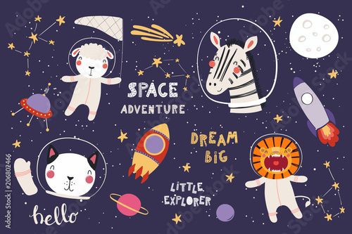 Big set of cute funny animal astronauts in space, with planets, stars, quotes...