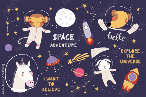 Big set of cute funny animal astronauts in space, with planets, stars, quotes...