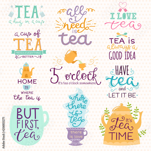 Tea time lettering logo quote vector lettering handdrawn cup of tea vintage p...