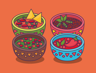 Sticker - mexican sauce bowls over orange background, colorful design. vector illustration