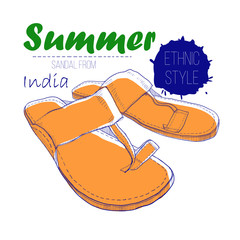 Wall Mural - illustartion of drawing sandal from India with lettering text. Summer woman of ethnic style shoe for log design.