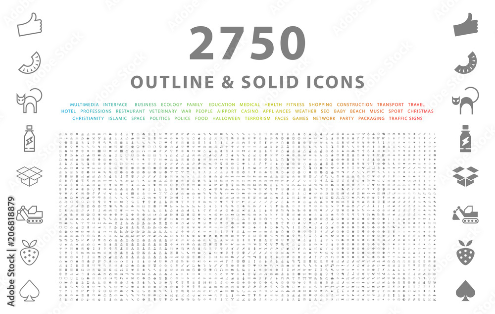 Set of 2750 Outline and Solid Icons on White Background . Vector Isolated Elements  - obrazy, fototapety, plakaty 