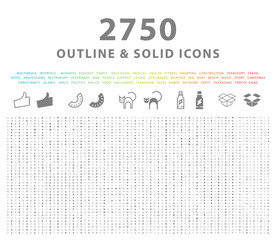 Wall Mural - set of 2750 outline and solid icons on white background . vector isolated elements