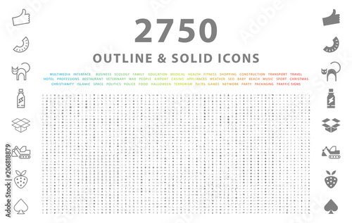 Fotomural Set of 2750 Outline and Solid Icons on White Background