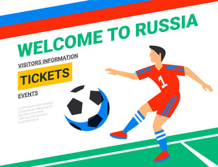 Wall Mural - Soccer players with football ball. Welcome to Russia web banner template. Fool color illustration in flat style. Football players in Russia football cup. Flyers, haeders template.