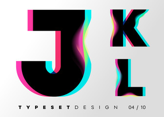 Vector Typeset Design. Neon Glitch Style. Black Bold Font, Double Exposure. Abstract Colorful Type for Creative Heading, Advertising Placard, Music Poster, Sale Banner. Trendy Neon Glowing Letters.