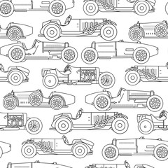 Vector race retro sport car seamless pattern. black and white Vintage automobiles isolated on white background. coloring book